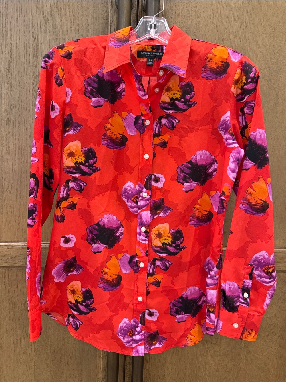 Banana Republic Red Floral Button-Down Blouse with Purple & Orange Accents